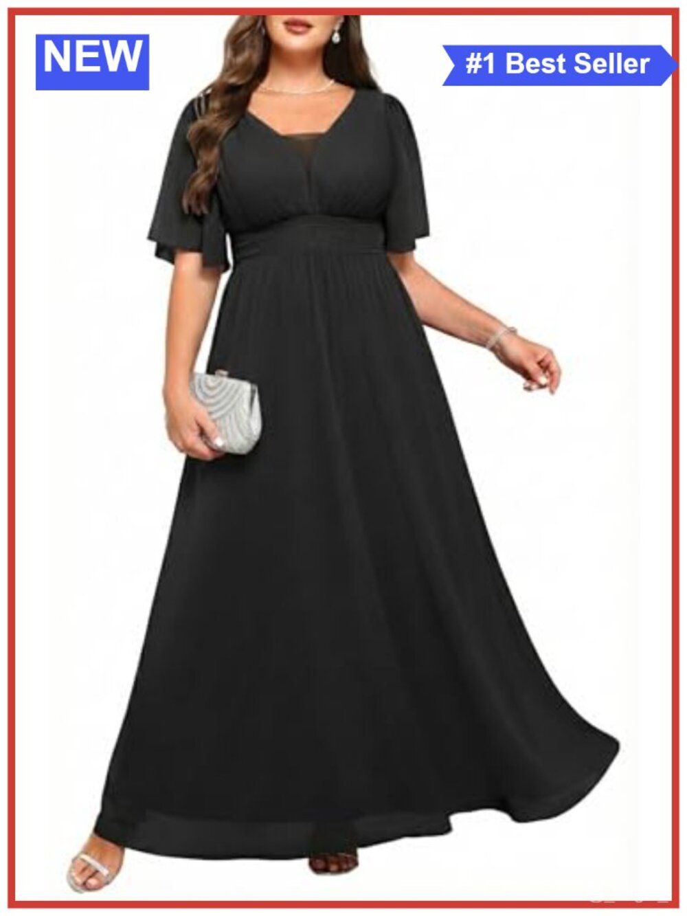 Plus Size Formal Maxi Dress Flutter Sleeve Wedding Guest Gown